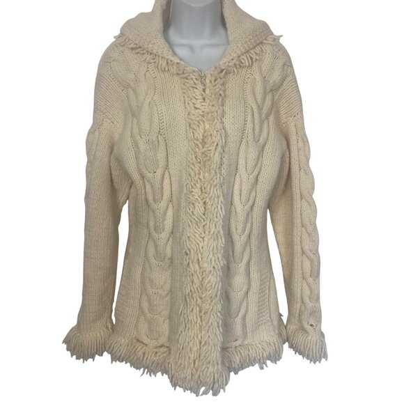 Handmade Ecuadorian Wool Cable Knit Zip Cardigan Sweater Hood Medium Jacket - Picture 1 of 6